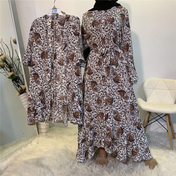 

donsignet muslim dress fashion middle east eid duabi abaya turkey robe horn long-sleeved button slim parent-child ethnic clothing, Red