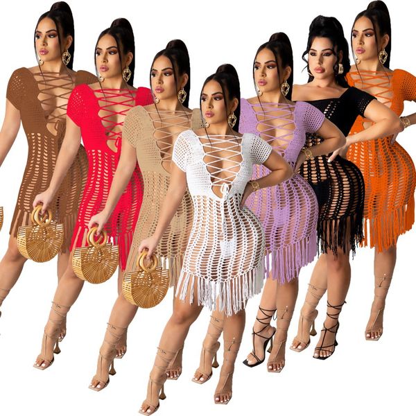 Yeni Seksi Kadınlar Plaj Elbise Tek Parça Kıyafetler Mayo Kapak-UPS El Yapımı Tığ Hollow Püskül Uzun Etekler ile Fringed Etek Çapraz Ön