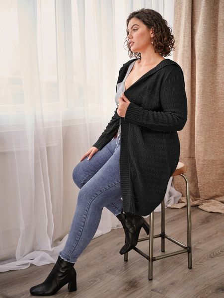 

plus solid pointelle knit hooded cardigan 46pd#, Black
