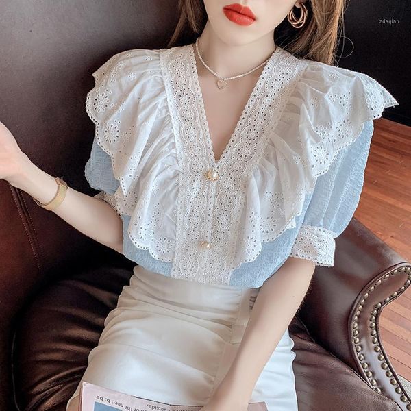 

women's blouses & shirts 2021 women spring summer casual loose shirt female button v-neck ruffle short sleeve lace ladies elegant sweet, White