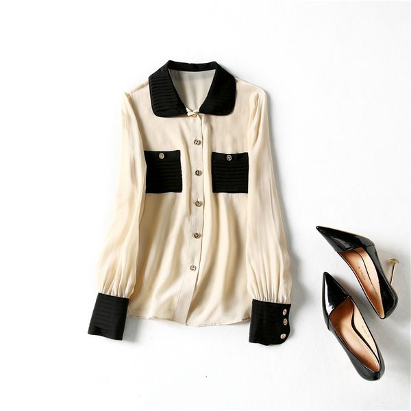 

women's blouses & shirts spring long sleeve peter pan neck black contrast color real silk panelled pockets single-breasted soie blouse, White