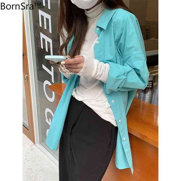 

bornsra 100% cotton solid color shirt women's spring korean loose folding long sleeve and women blouses# c89964 210730, White