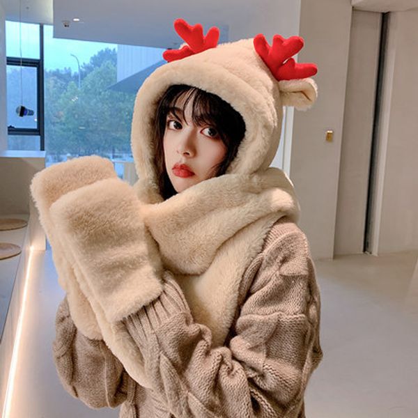 

hat womens autumn and christmas antlers cute wild korean fashion winter gloves three-piece scarf all-in-one warm keeping, Blue;gray