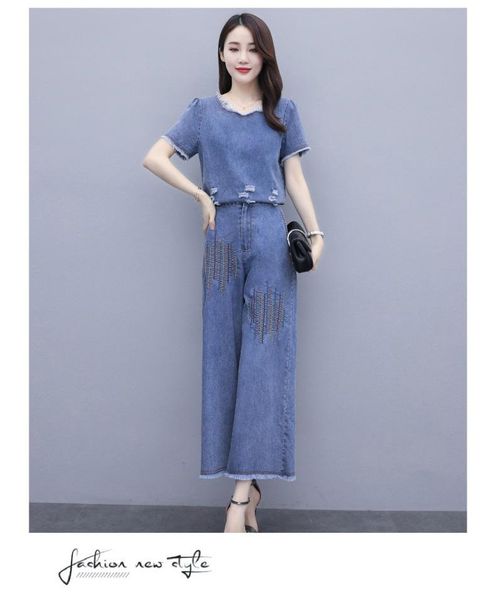 

women's two piece pants denim wide leg suit 2021 summer slim yemperament embroidery and pants., White