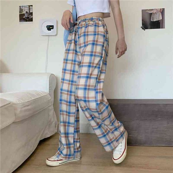 

high waist casual loose womens capris plaid pantalones de mujer, Black;white