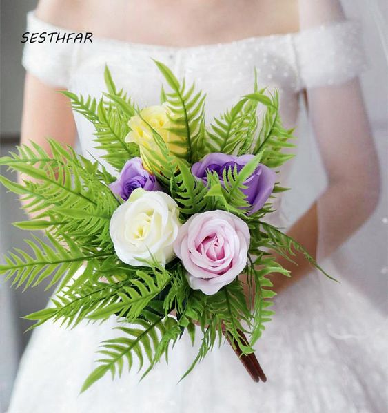 

wedding flowers silk rose bride bouquet supplies artificial hydrangea flower cycas green forest style sph074