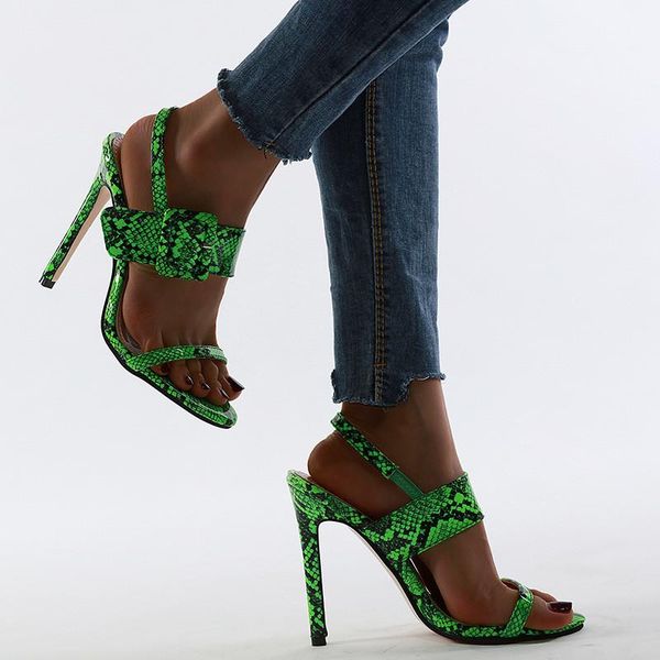 

snake leopard print women's stiletto sandals buckle strap lady sandal shoe 2021 summer high heels shoes, Black