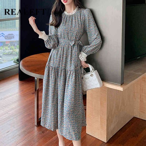

spring summer floral printed women long dress with belt elegant lace patchwork sleeve female loose 210428, Black;gray