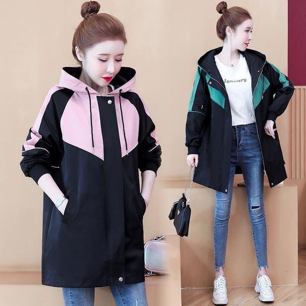

women's trench coats female windbreaker 2021 fashion spring autumn plus size loose color matching ladies hooded outwear casual student, Tan;black