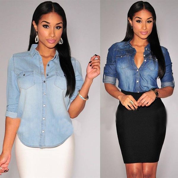 

womens blouses casual denim blouse regular spring long sleeve loose slim fit jeans shirt female clothing, White