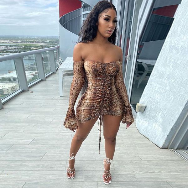 

casual dresses 2021 fashion streetwear tie dye mini leopard print bodycon dress off shoulder long sleeve women fall clothing, Black;gray