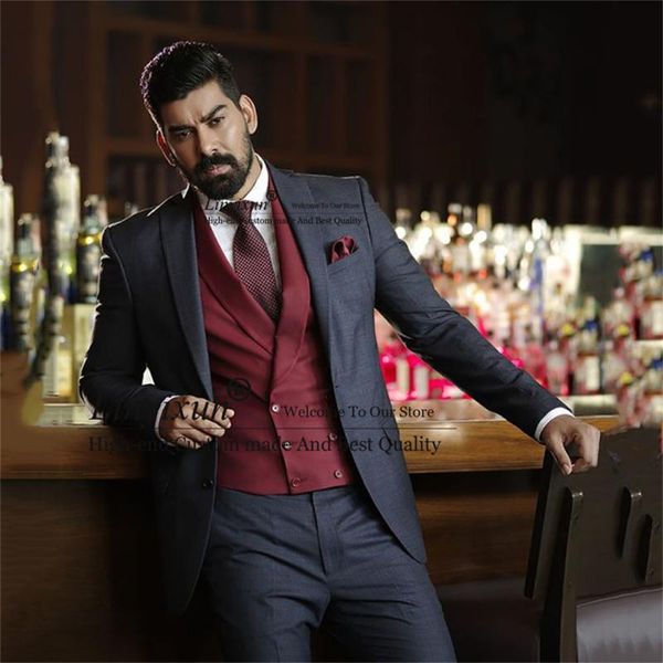 

men's suits & blazers formal slim fit men peaked lapel groom wedding tuxedos 3 pieces costume homme jacket burgundy vest pants set male, White;black