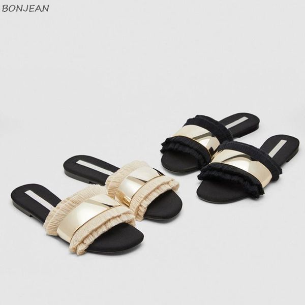 

summer womens flats slippers fashion fringe tassel decoration ladies shoes slip on peep toe beach women's big size, Black