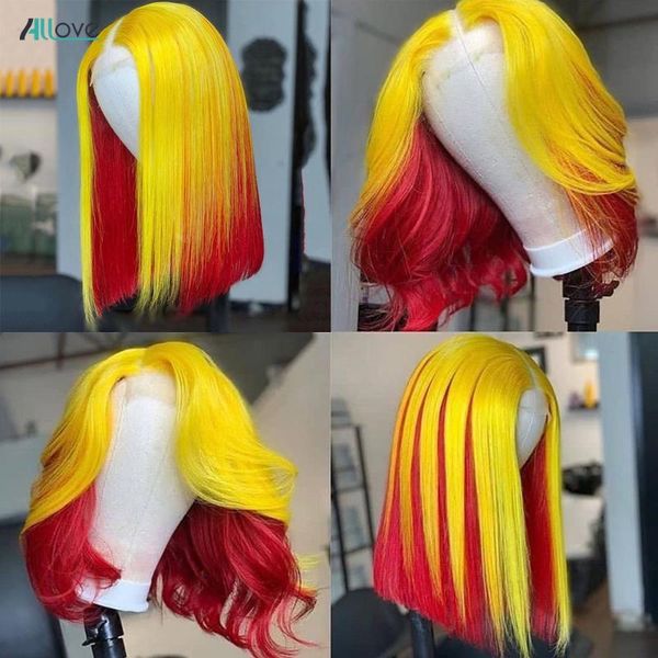 

lace wigs yellow red 13x4x1 bob wig short ombre front straight human hair for women blonde color, Black;brown