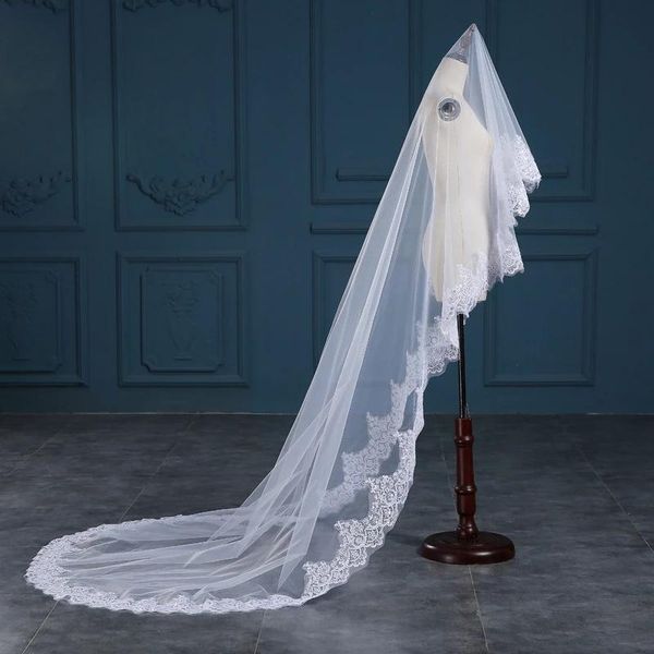

bridal veils fast 3 m one layer long wedding veil with comb lace edge appliques accessories, Black
