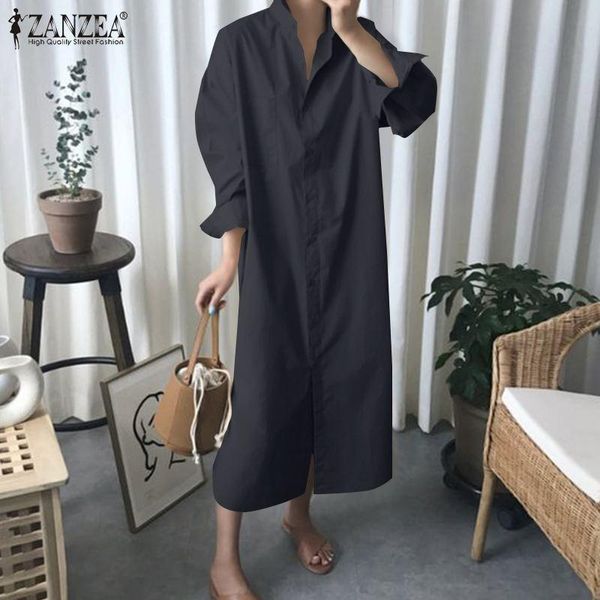 

stylish button shirt dress women's spring solid sundress zanzea casual long sleeve maxi vestidos female lapel robe oversized 5xl dresse, Black;gray