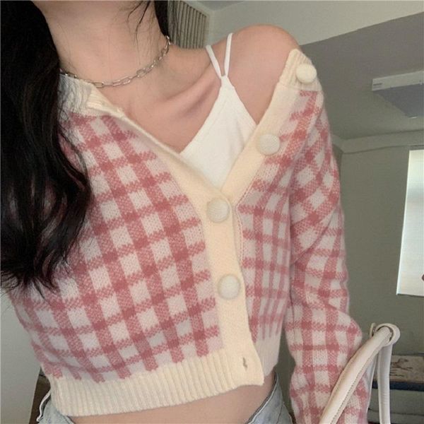 

women's knits & tees casual pink plaid short cardigan sweaters women button long sleeve sweater autumn winter sweet knitted 2021 fashio, White