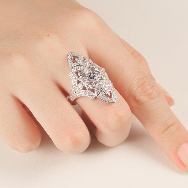 

cluster rings 925 sterling silver ring female luxury flower design wide face sona simulation diamond jewelry, Golden;silver