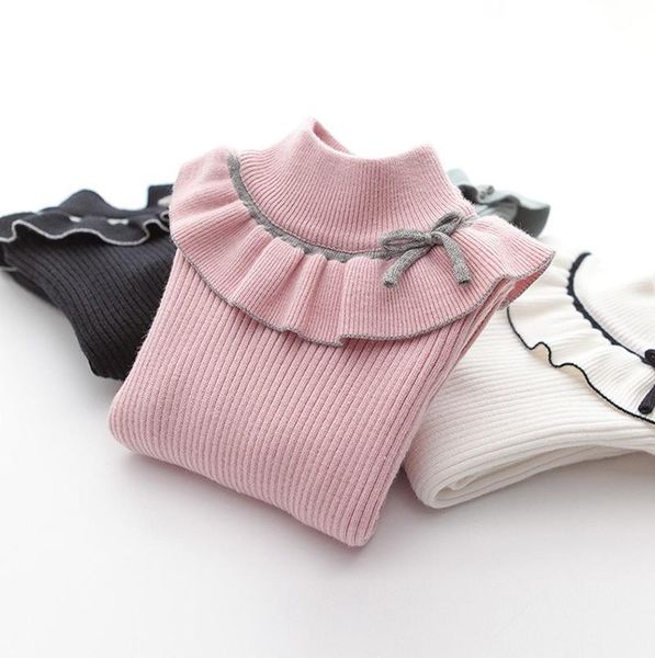

pullover fashion ruffle kids clothes sweater autumn long-sleeve girls children child coat turtleneck bow knitted outwear, Blue