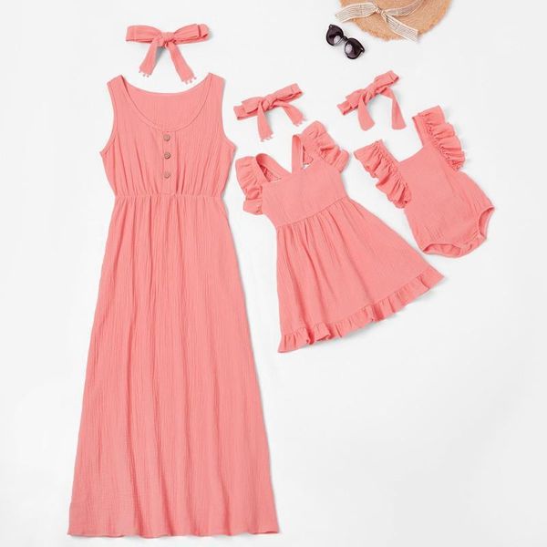 

family matching outfits dresses summer mommy and me solid sleeveless button baby romper maxi dresses+headband set1, Blue