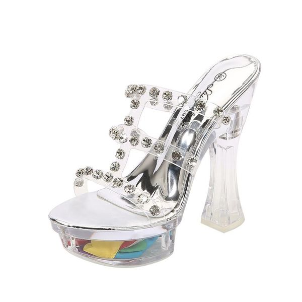 

dress shoes elegant transparent crystal woman sandals 14cm strange style slippers rivets decoration platform sandalias plus:34-42 43, Black