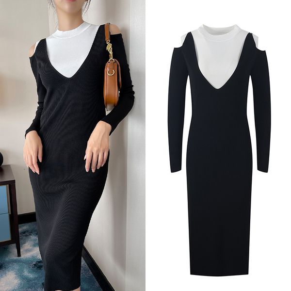 

casual dresses women's sweater knitted or crocheted midi brand design dress long black sleeve fake slices 2 vintage robes korean hrvi, Black;gray