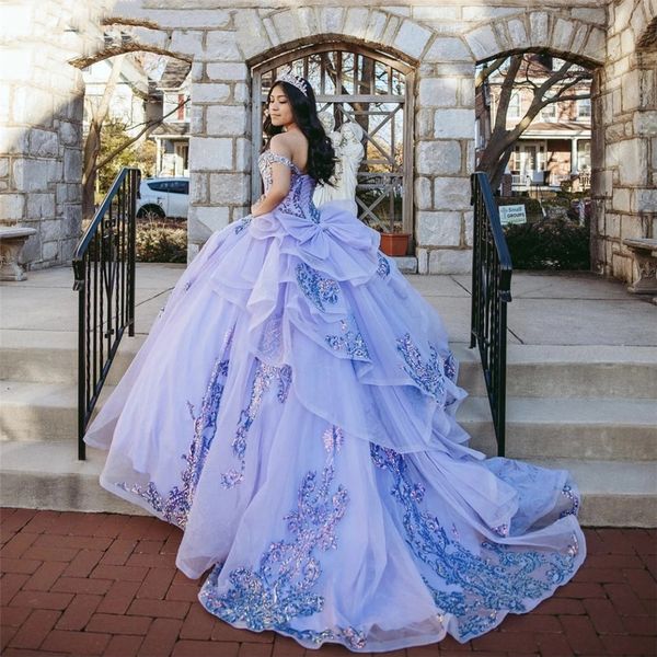 Real Image Lila Quinceanera Kleid 2022 Schulterfrei Applikationen Pailletten Schleife Prinzessin Sweet 16 Ballkleid Vestidos De 15 A￱os