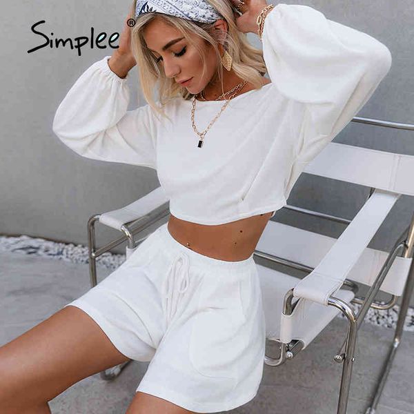 

white long sleeves two piece woman short suits elastic waist lace up summer suit pockets causal loose sets fashion 210414