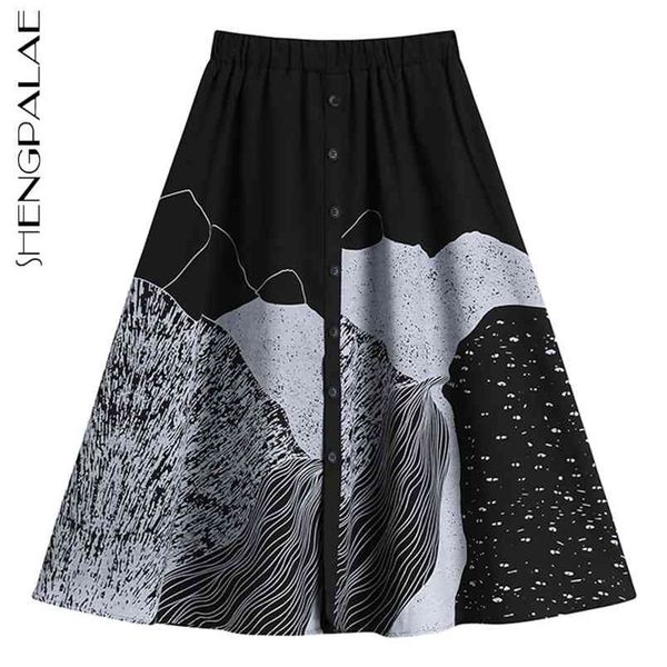 

print skirt women's spring elastic waist single breasted slim a-line mid-calf fashion female 5b333 210427, Black