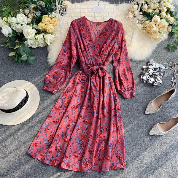 

casual dresses 2021 women holiday v-neck flowers slim knee-length dress female long lantern sleeves drawstring ruffles thin swing, Black;gray