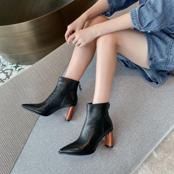 

boots 2021 spring autumn and winter fashion short leather women's high heels banquet party 34-39, Black