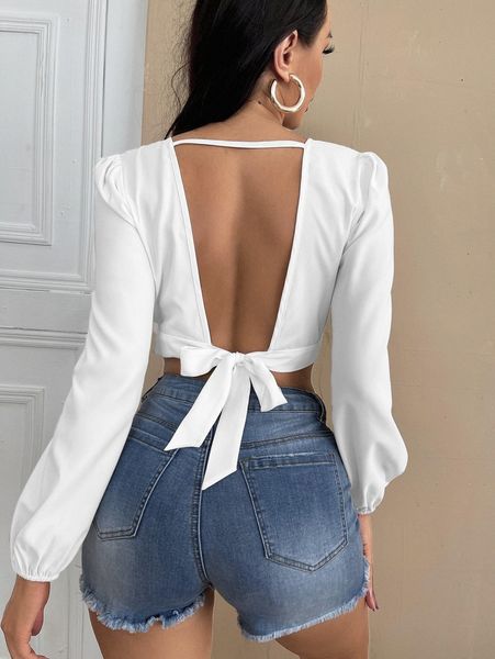 

sxy solid plunging neck tie backless blouse q0i4#, White