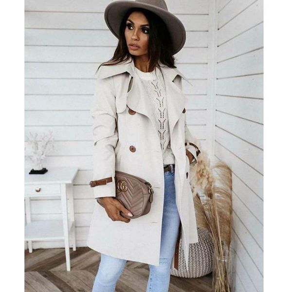 

women's trench coats lugentolo coat for women autumn clothes slim-fit lapel double-breasted belt mid-length, Tan;black