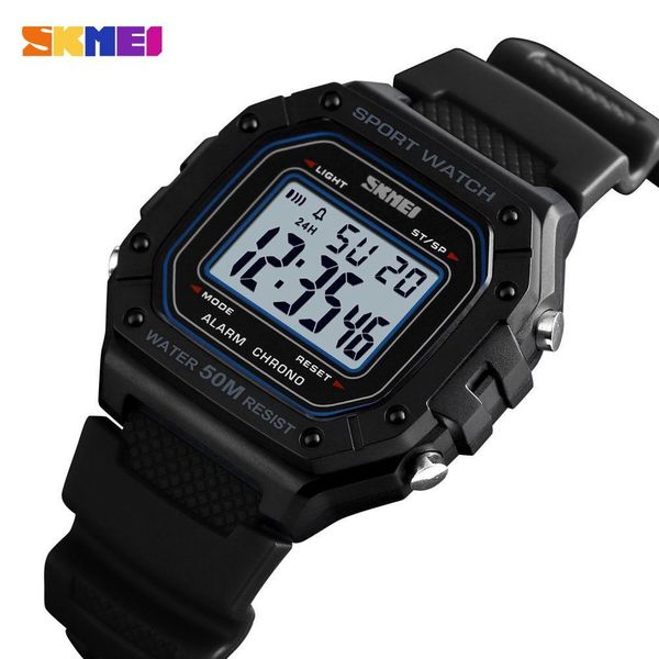 Quadratische Herren-Digitaluhr, Sport-Armbanduhr, wasserdicht, Alarm, LED, PU-Armband, 12/24-Stunden-Marke, Retro-Mode, männliche Uhr, SKMEI 1496