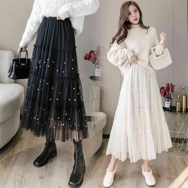 

spring & autumn thick high waist slimming beaded net yarn large swing cake skirt women a-line long 210527, Black