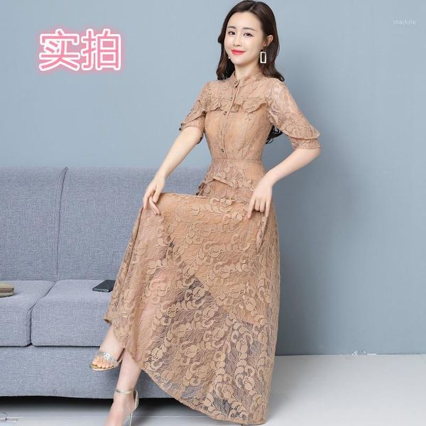 

the spring and summer 3065 # 2021 dress female temperament show thin lace 7 minutes of sleeve western style casual dresses, Black;gray