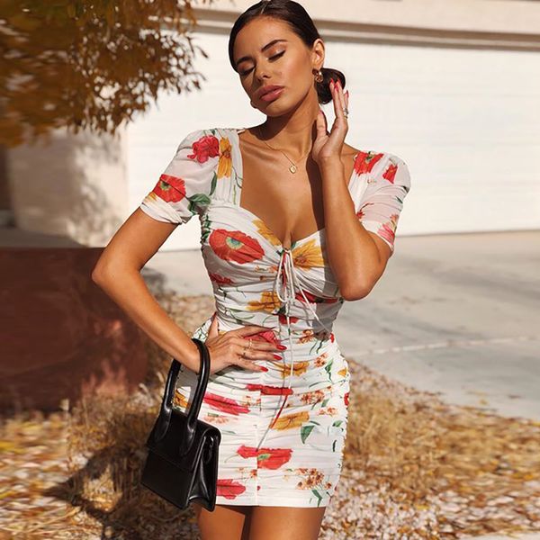 

vintage floral print ruched dress summer women bodycon dress casual holiday boho beach dress vestidos sundress 210415, Black;gray
