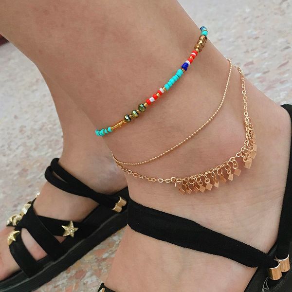 

3pcs/set colorful beaded anklet set for women geometric square alloy sequin pendant chain boho party jewelry, Red;blue