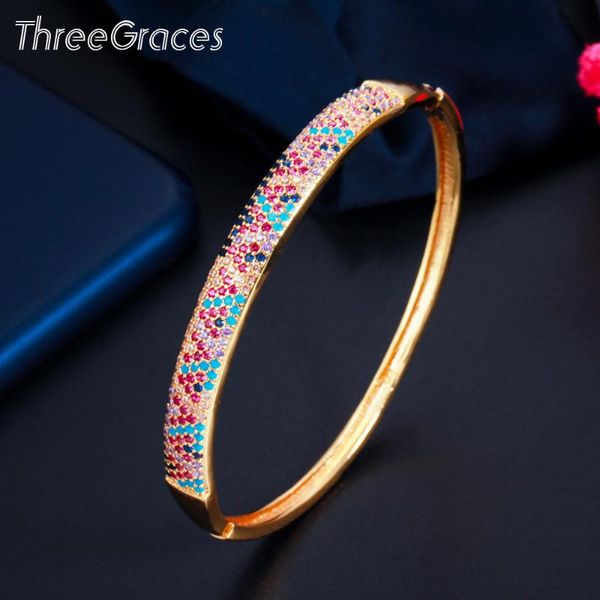 

threegraces classic round shape mirco pave rainbow cubic zirconia open bracelet for women prom costume jewelry ba046 bangle, Black