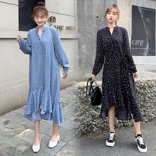 

maternity dresses autumn fashion long nursing dress pregnant women spring dot asymmetric slim sashes breastfeeding cute 2021, White