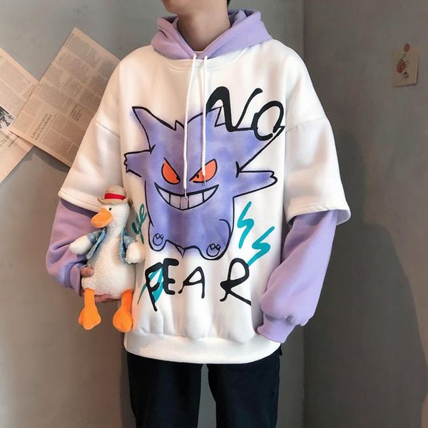 

men's hoodies & sweatshirts 2021 winter cartoon printing pullover false two piece coat lovers clothes cotton loose casual, Black