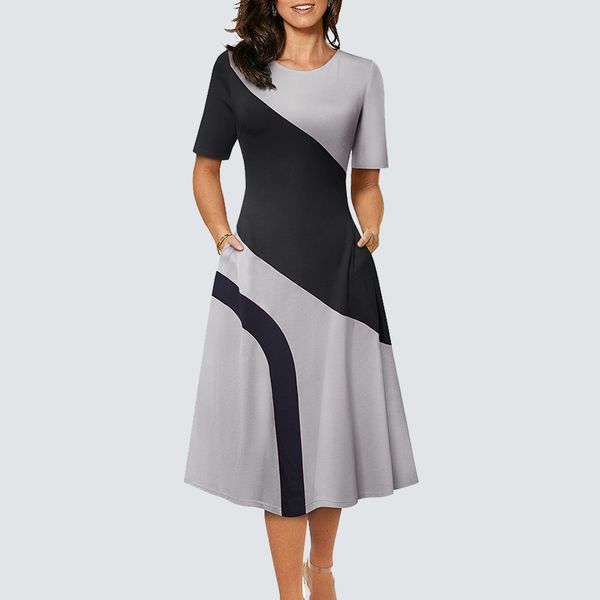 

dresses women classy contrast color o neck fashion design casual party work a line ha239, Black;gray
