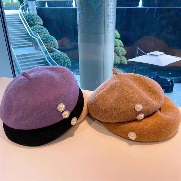 

beanies casual wool octagonal solid color peaked pearl cap sboy beret hat