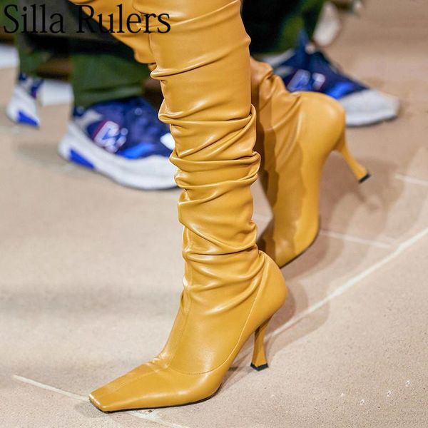 

boots 2021 winter show square toe over the knee woman high heels slip on long elastic knight, Black