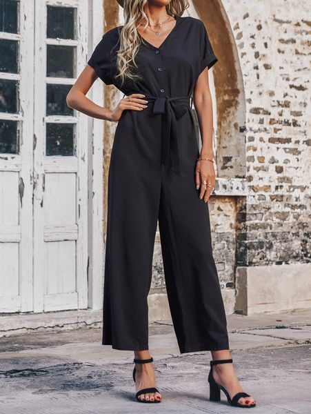 

batwing sleeve button front belted jumpsuit 45vo#, White