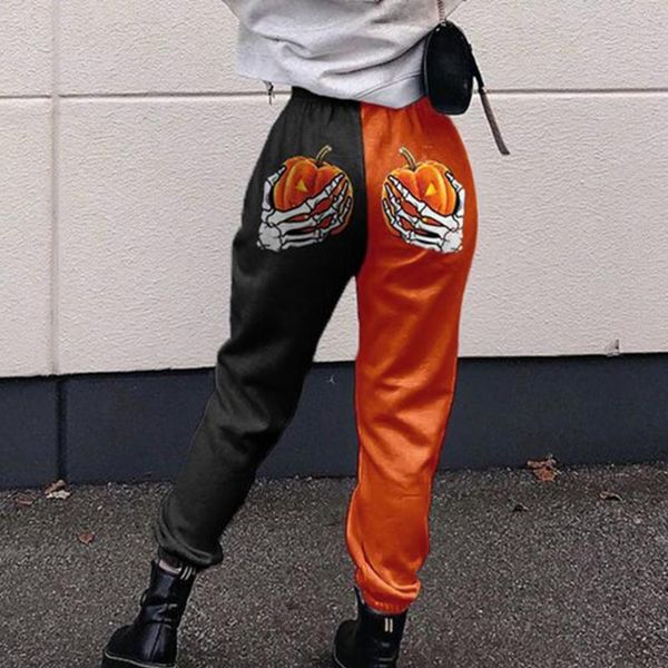 

women's pants & capris 2021 street halloween pumpkin print with pocket casual ladies elastic waist patchwork hip hop oversize #g1, Black;white
