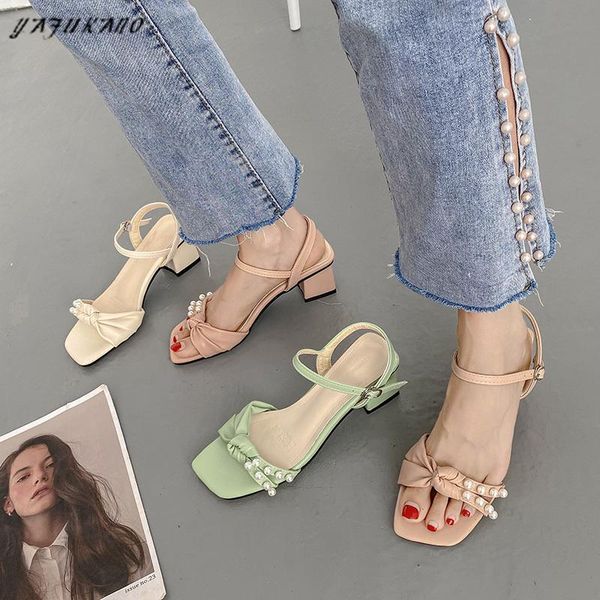 

sandals small fresh pearls open toe sweet butterfly-knot mid heel party dress shoes fashion word with mori thick rome, Black