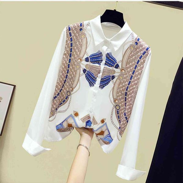 

design autumn fashion turn down womens shirt collar long sleeves europe print ladies blouses a3798, White