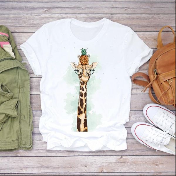 

cartoon giraffe pineapple fruit women t shirt fashion 90s print graphic tee, White