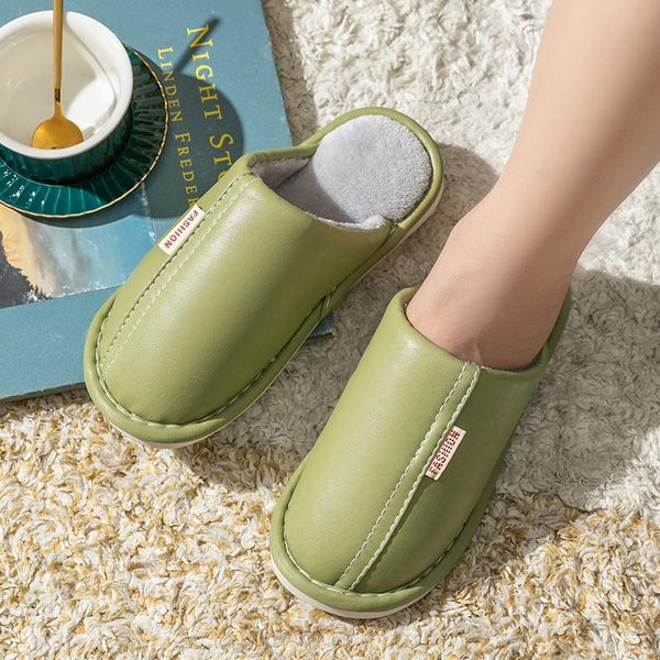 

slippers plush home autumn pu waterproof sewing keep warm flats men women spring soft comfort interior furry shoes, Black